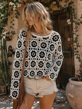 Adiva Black & White Floral Crochet Lace Long Sleeve Boho Top | Sheer Knit Sweate